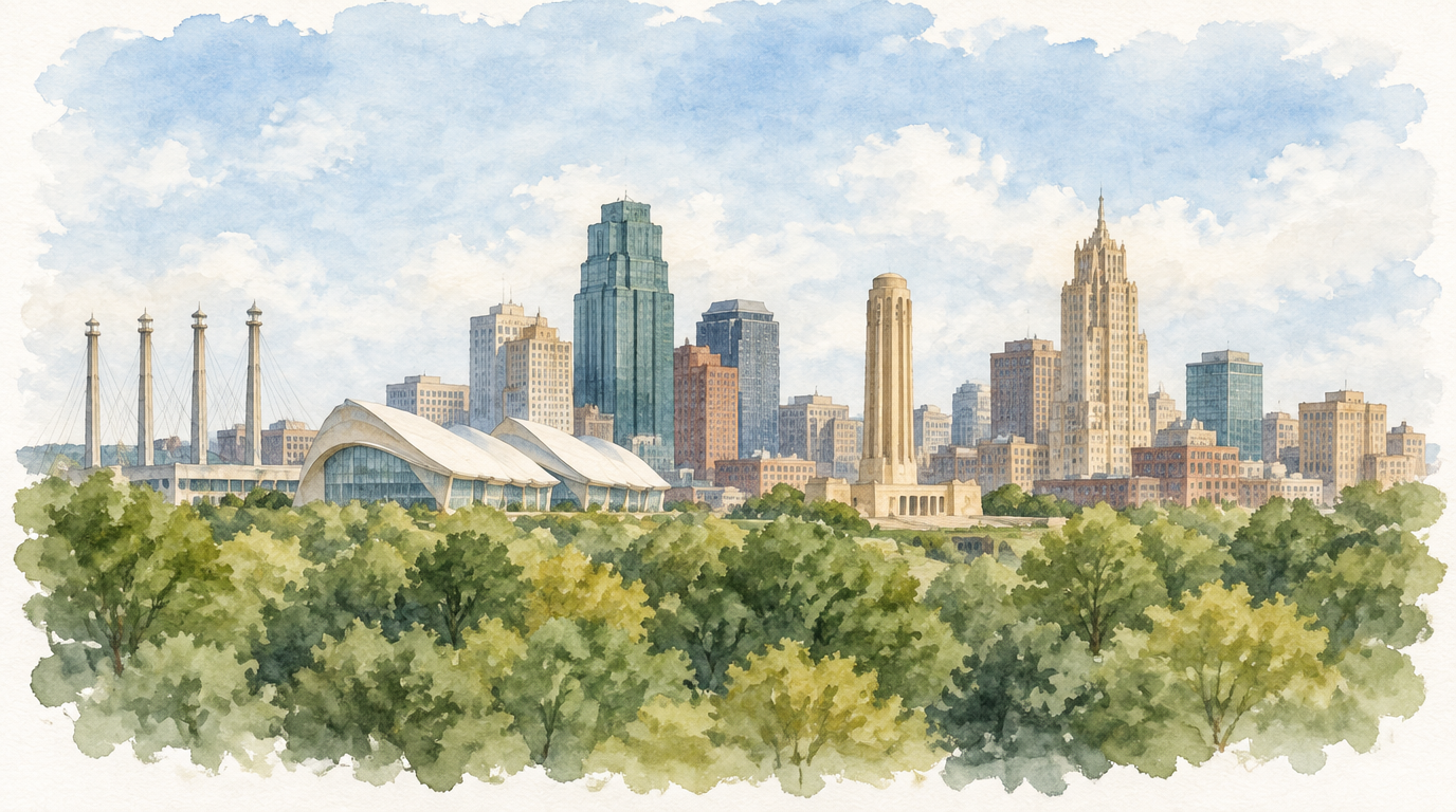 Watercolor view of the Kansas City area skyline and surrounding trees